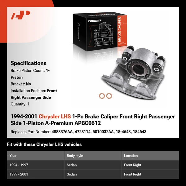 1994-2001 Chrysler LHS 1-Pc Brake Caliper Front Right Passenger Side 1-Piston A-Premium APBC0612