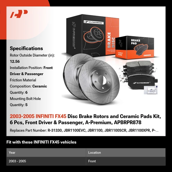 2003-2005 INFINITI FX45 Disc Brake Rotors and Ceramic Pads Kit, 6 Pcs, Front Driver & Passenger, A-Premium, APBRPR878