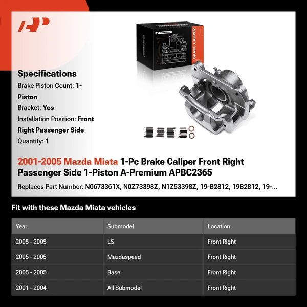 2001-2005 Mazda Miata 1-Pc Brake Caliper Front Right Passenger Side 1-Piston A-Premium APBC2365