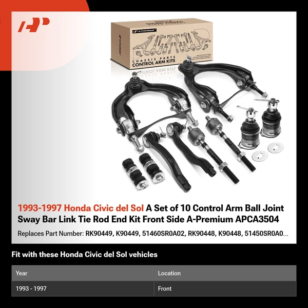 1993-1997 Honda Civic del Sol A Set of 10 Control Arm Ball Joint Sway Bar Link Tie Rod End Kit Front Side A-Premium APCA3504