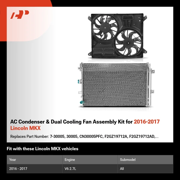 AC Condenser & Dual Cooling Fan Assembly Kit for 2016-2017 Lincoln MKX