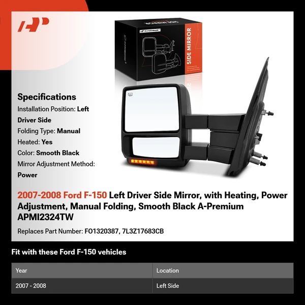 2007-2008 Ford F-150 Left Driver Side Mirror, with Heating, Power Adjustment, Manual Folding, Smooth Black A-Premium APMI2324TW
