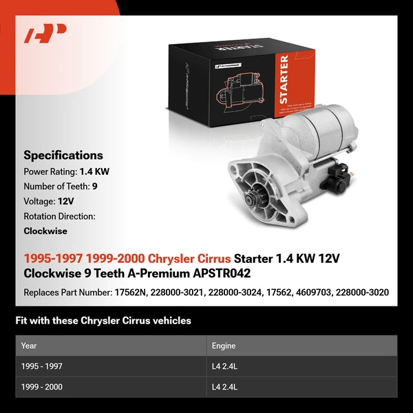 1995-1997 1999-2000 Chrysler Cirrus Starter 1.4 KW 12V Clockwise 9 Teeth A-Premium APSTR042