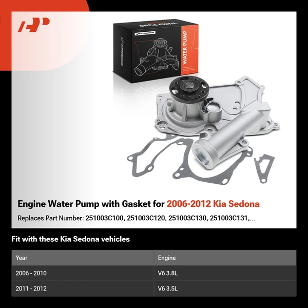 Engine Water Pump with Gasket for 2006-2012 Kia Sedona