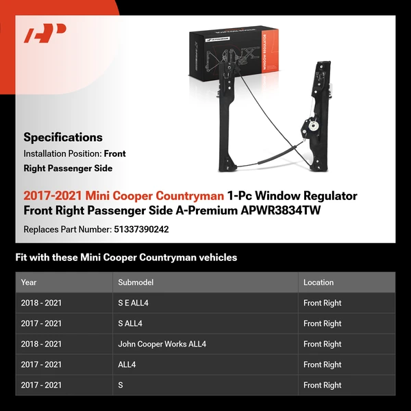 2017-2021 Mini Cooper Countryman 1-Pc Window Regulator Front Right Passenger Side A-Premium APWR3834TW
