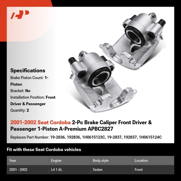 2001-2002 Seat Cordoba 2-Pc Brake Caliper Front Driver & Passenger 1-Piston A-Premium APBC2827