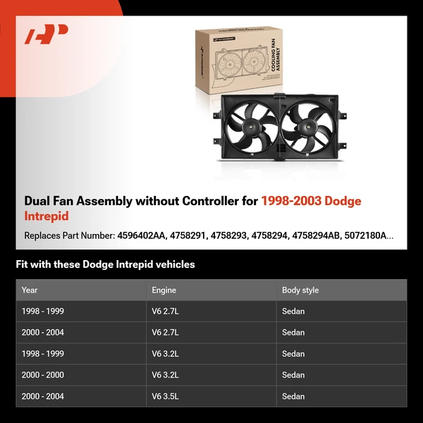 Dual Fan Assembly without Controller for 1998-2003 Dodge Intrepid