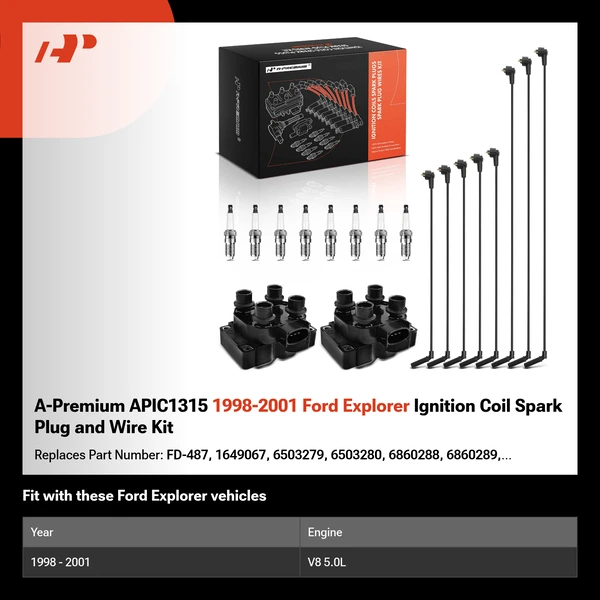A-Premium APIC1315 1998-2001 Ford Explorer Ignition Coil Spark Plug and Wire Kit