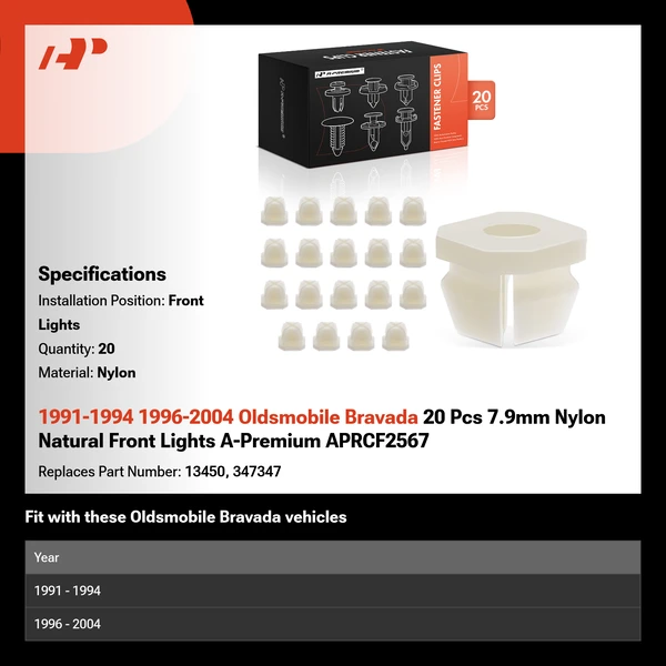 1991-1994 1996-2004 Oldsmobile Bravada 20 Pcs 7.9mm Nylon Natural Front Lights A-Premium APRCF2567