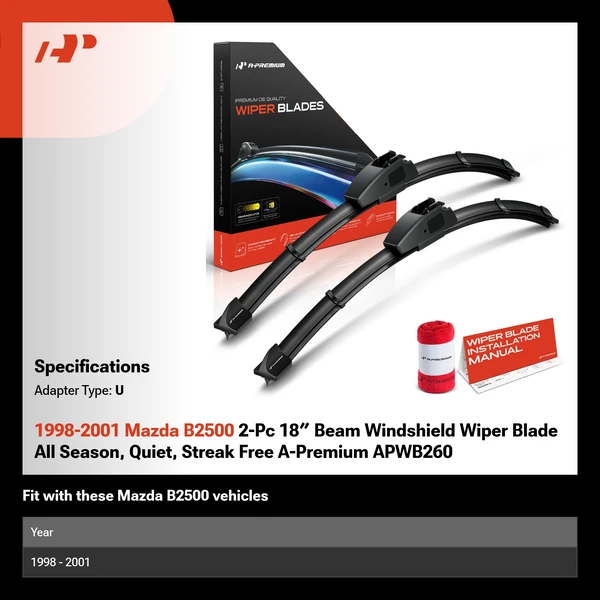 1998-2001 Mazda B2500 2-Pc 18″ Beam Windshield Wiper Blade All Season, Quiet, Streak Free A-Premium APWB260
