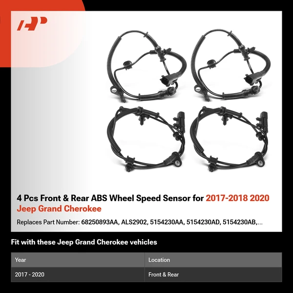 4 Pcs Front & Rear ABS Wheel Speed Sensor for 2017-2018 2020 Jeep Grand Cherokee