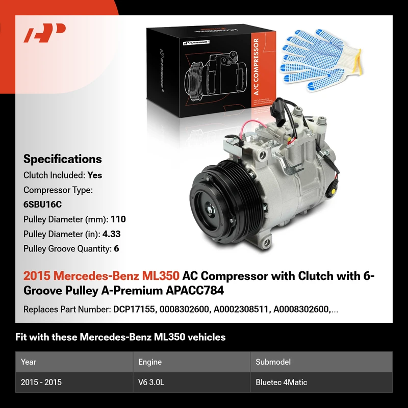 2015 Mercedes-Benz ML350 AC Compressor with Clutch with 6-Groove Pulley A-Premium APACC784