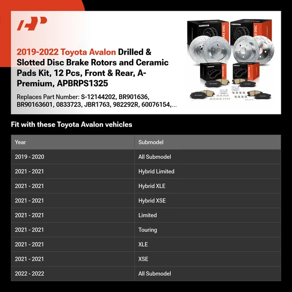2019-2022 Toyota Avalon Drilled & Slotted Disc Brake Rotors and Ceramic Pads Kit, 12 Pcs, Front & Rear, A-Premium, APBRPS1325