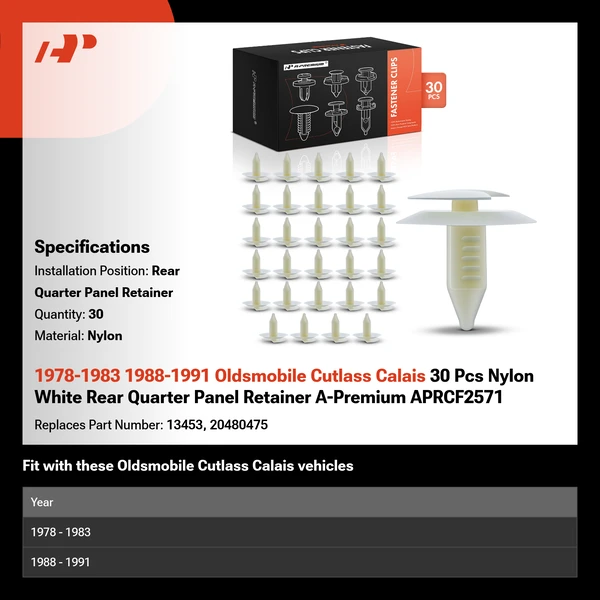 1978-1983 1988-1991 Oldsmobile Cutlass Calais 30 Pcs Nylon White Rear Quarter Panel Retainer A-Premium APRCF2571