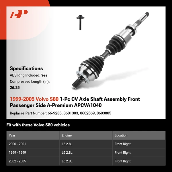 1999-2005 Volvo S80 1-Pc CV Axle Shaft Assembly Front Passenger Side A-Premium APCVA1040