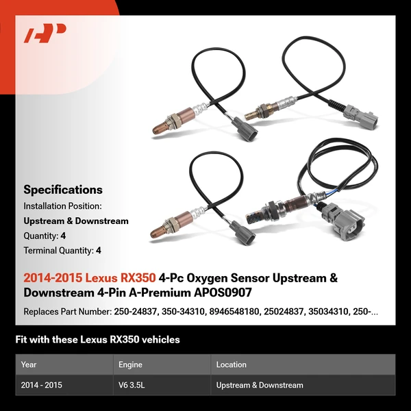 2014-2015 Lexus RX350 4-Pc Oxygen Sensor Upstream & Downstream 4-Pin A-Premium APOS0907