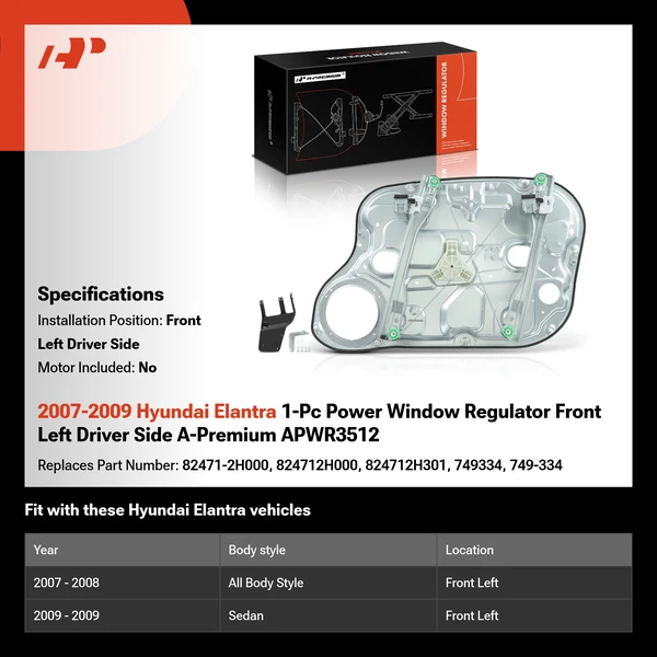 2007-2009 Hyundai Elantra 1-Pc Power Window Regulator Front Left Driver Side A-Premium APWR3512