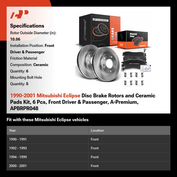 1990-2001 Mitsubishi Eclipse Disc Brake Rotors and Ceramic Pads Kit, 6 Pcs, Front Driver & Passenger, A-Premium, APBRPR048