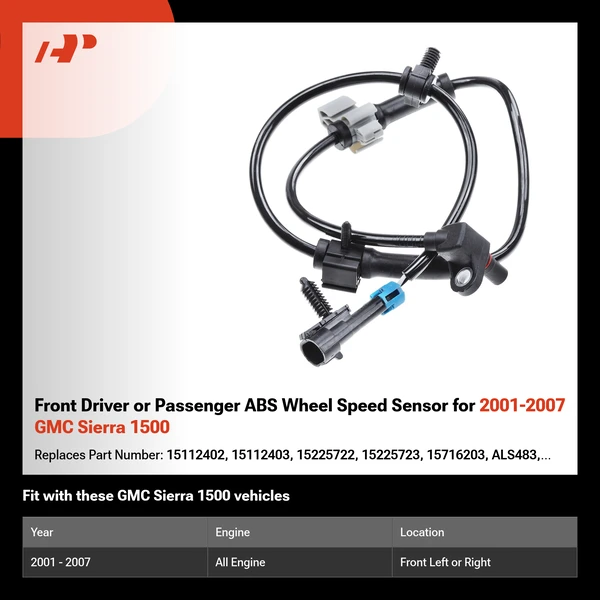 Front Driver or Passenger ABS Wheel Speed Sensor for 2001-2007 GMC Sierra 1500