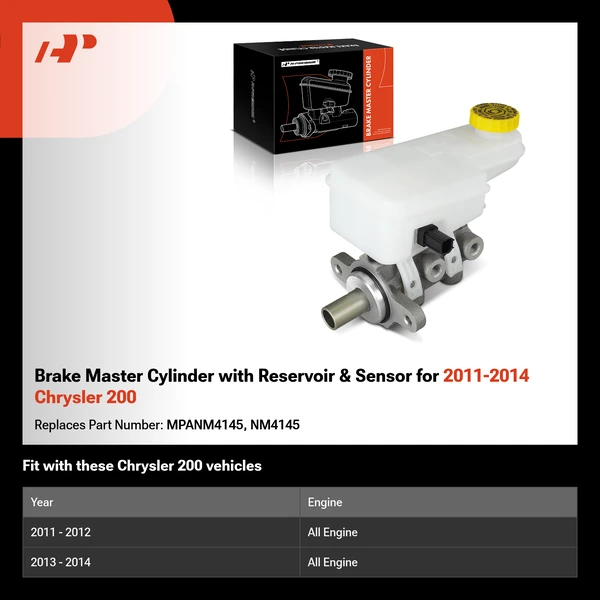 Brake Master Cylinder with Reservoir & Sensor for 2011-2014 Chrysler 200