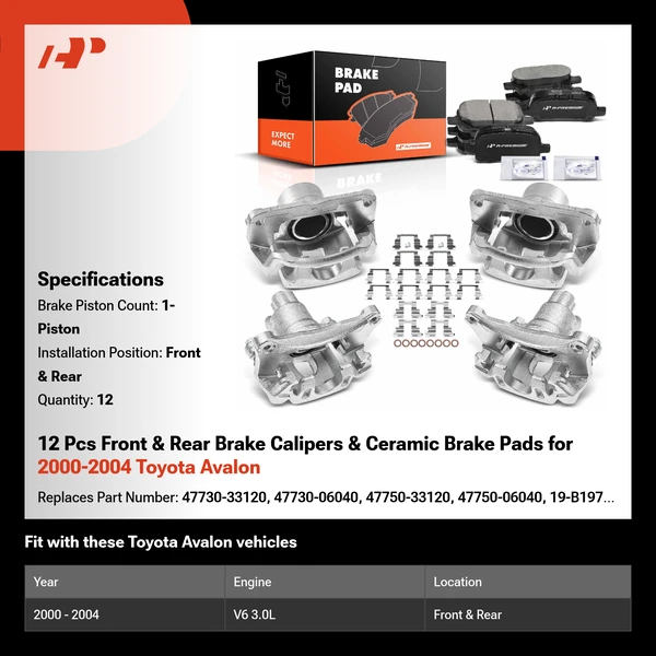 12 Pcs Front & Rear Brake Calipers & Ceramic Brake Pads for 2000-2004 Toyota Avalon