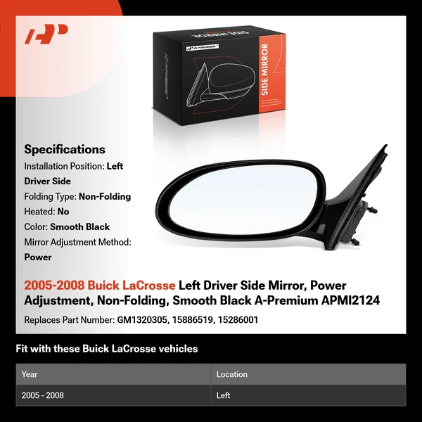 2005-2008 Buick LaCrosse Left Driver Side Mirror, Power Adjustment, Non-Folding, Smooth Black A-Premium APMI2124