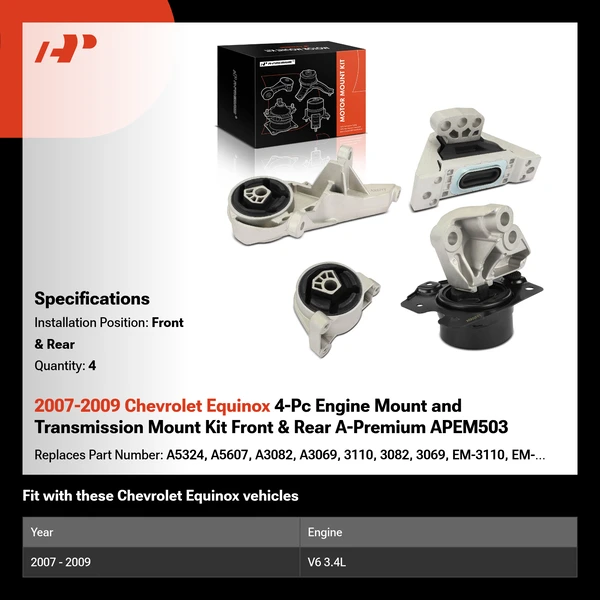 2007-2009 Chevrolet Equinox 4-Pc Engine Mount and Transmission Mount Kit Front & Rear A-Premium APEM503