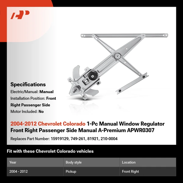 2004-2012 Chevrolet Colorado 1-Pc Manual Window Regulator Front Right Passenger Side Manual A-Premium APWR0307