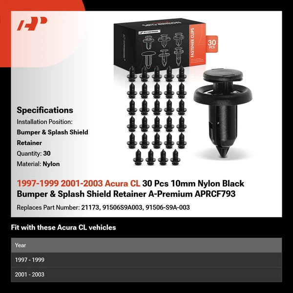 1997-1999 2001-2003 Acura CL 30 Pcs 10mm Nylon Black Bumper & Splash Shield Retainer A-Premium APRCF793