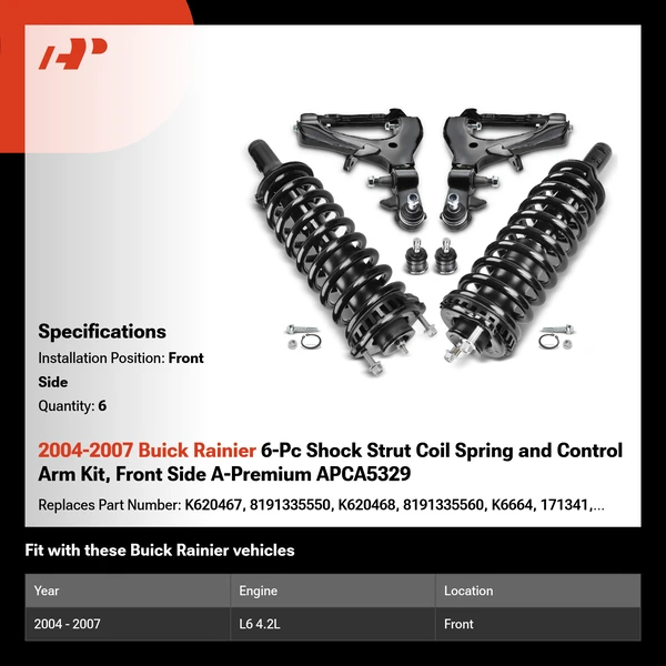 2004-2007 Buick Rainier 6-Pc Shock Strut Coil Spring and Control Arm Kit, Front Side A-Premium APCA5329