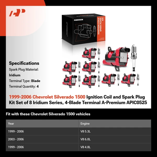 1999-2006 Chevrolet Silverado 1500 Ignition Coil and Spark Plug Kit Set of 8 Iridium Series, 4-Blade Terminal A-Premium APIC0525