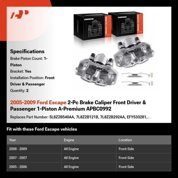 2005-2009 Ford Escape 2-Pc Brake Caliper Front Driver & Passenger 1-Piston A-Premium APBC0992