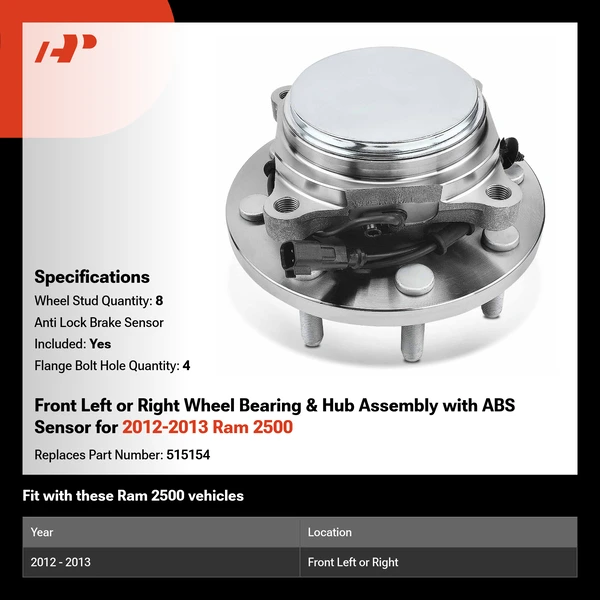 Front Left or Right Wheel Bearing & Hub Assembly with ABS Sensor for 2012-2013 Ram 2500