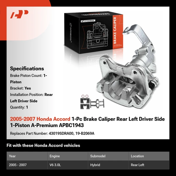 2005-2007 Honda Accord 1-Pc Brake Caliper Rear Left Driver Side 1-Piston A-Premium APBC1943