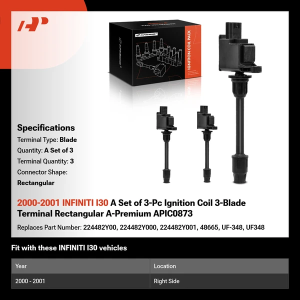 2000-2001 INFINITI I30 A Set of 3-Pc Ignition Coil 3-Blade Terminal Rectangular A-Premium APIC0873