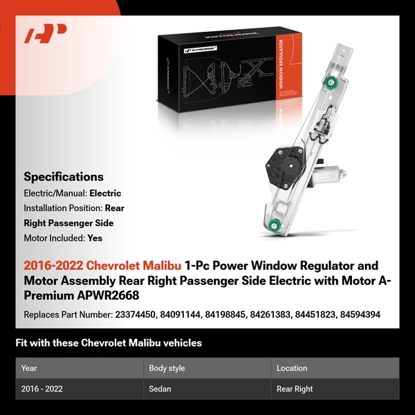 2016-2022 Chevrolet Malibu 1-Pc Power Window Regulator and Motor Assembly Rear Right Passenger Side Electric with Motor A-Premium APWR2668