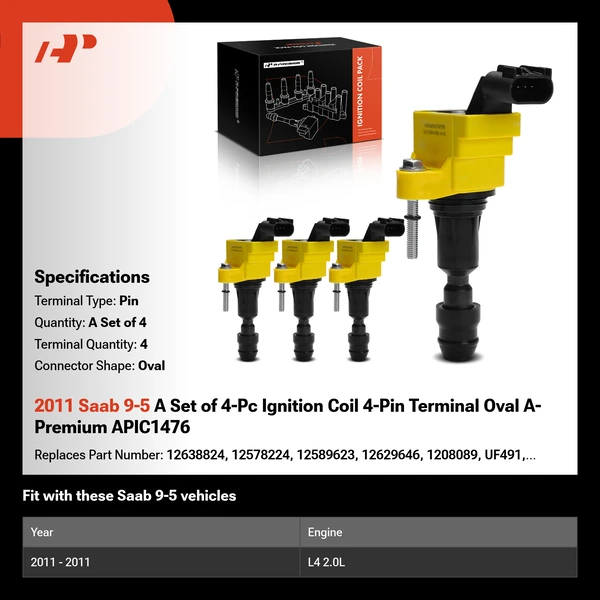 2011 Saab 9-5 A Set of 4-Pc Ignition Coil 4-Pin Terminal Oval A-Premium APIC1476