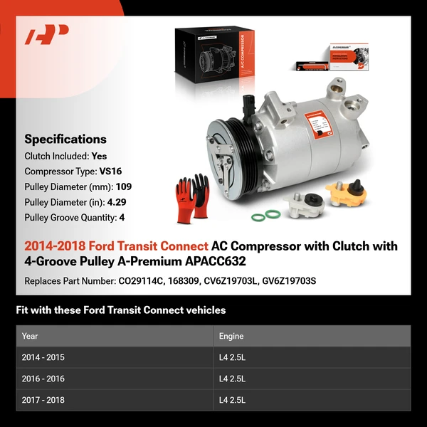 2014-2018 Ford Transit Connect AC Compressor with Clutch with 4-Groove Pulley A-Premium APACC632