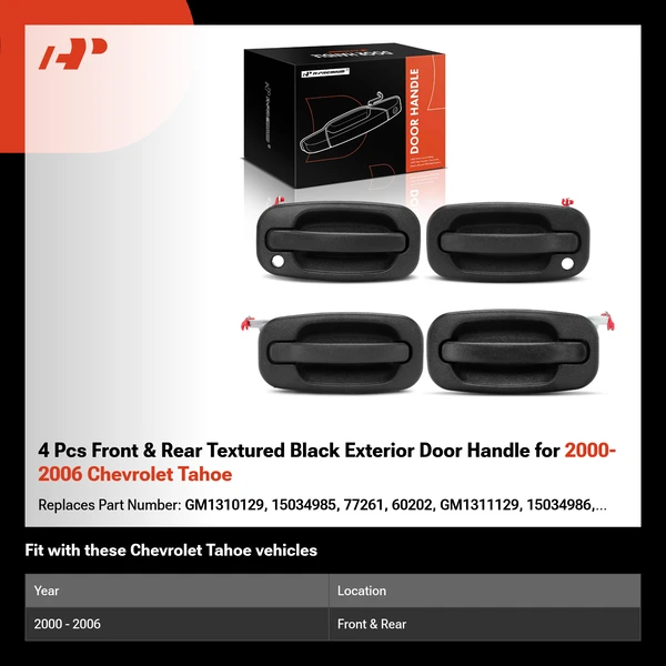 4 Pcs Front & Rear Textured Black Exterior Door Handle for 2000-2006 Chevrolet Tahoe