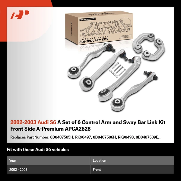 2002-2003 Audi S6 A Set of 6 Control Arm and Sway Bar Link Kit Front Side A-Premium APCA2628