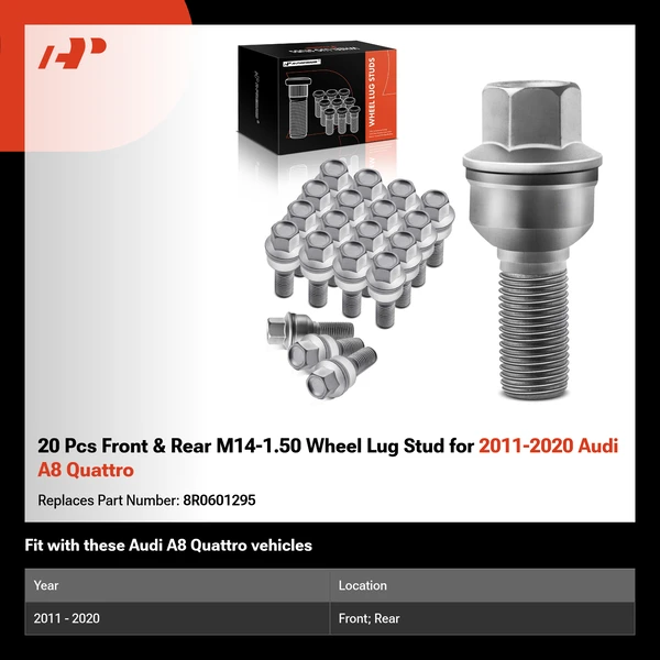 20 Pcs Front & Rear M14-1.50 Wheel Lug Stud for 2011-2020 Audi A8 Quattro