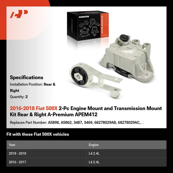 2016-2018 Fiat 500X 2-Pc Engine Mount and Transmission Mount Kit Rear & Right A-Premium APEM412