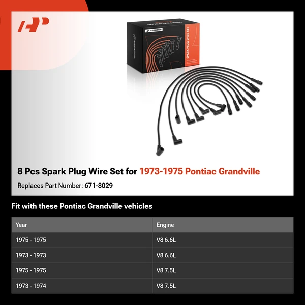 8 Pcs Spark Plug Wire Set for 1973-1975 Pontiac Grandville