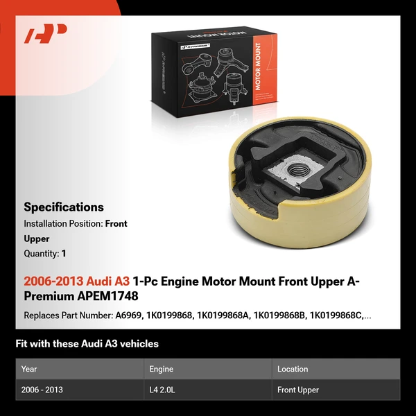 2006-2013 Audi A3 1-Pc Engine Motor Mount Front Upper A-Premium APEM1748