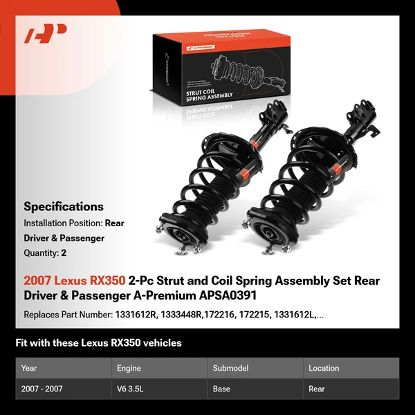 2007 Lexus RX350 2-Pc Strut and Coil Spring Assembly Set Rear Driver & Passenger A-Premium APSA0391