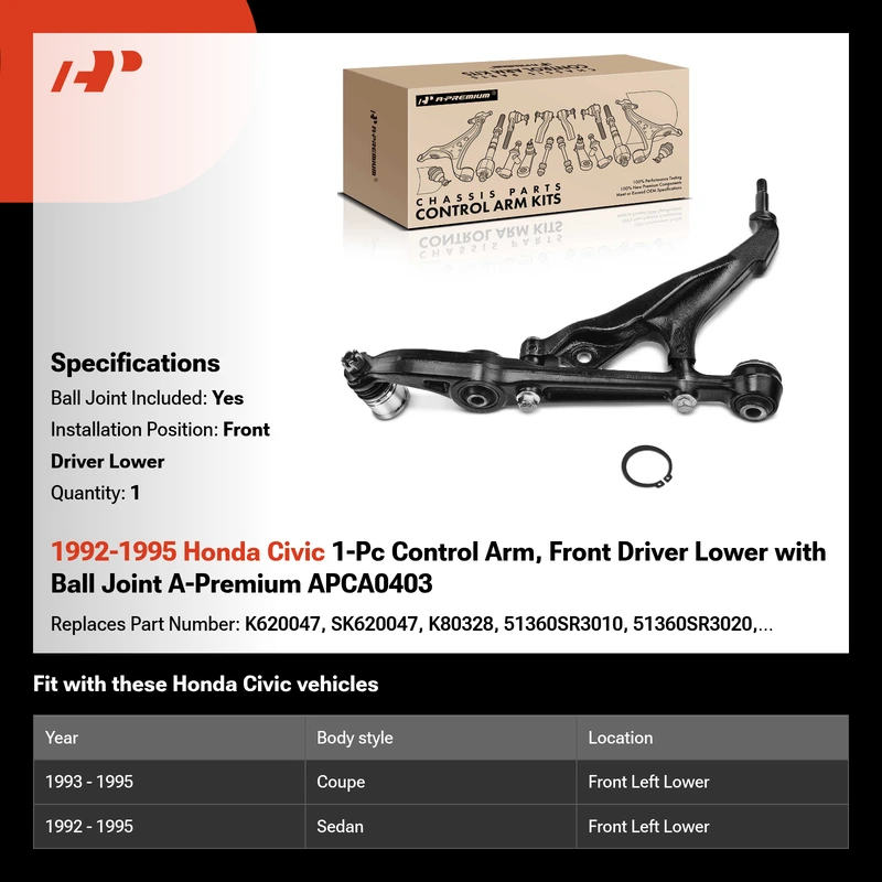 1992-1995 Honda Civic 1-Pc Control Arm, Front Driver Lower with Ball Joint A-Premium APCA0403
