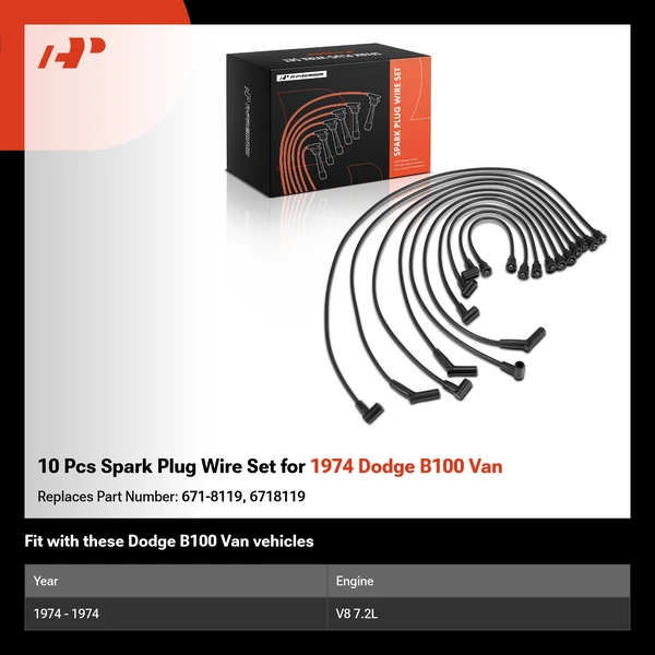 10 Pcs Spark Plug Wire Set for 1974 Dodge B100 Van