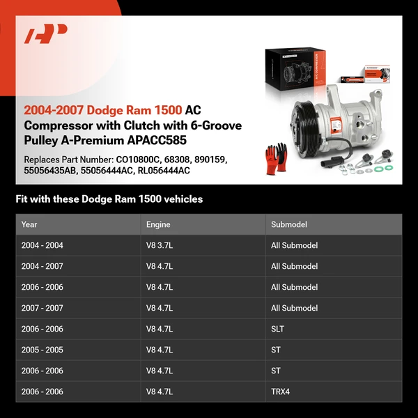 2004-2007 Dodge Ram 1500 AC Compressor with Clutch with 6-Groove Pulley A-Premium APACC585