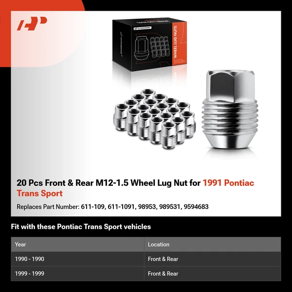 20 Pcs Front & Rear M12-1.5 Wheel Lug Nut for 1991 Pontiac Trans Sport