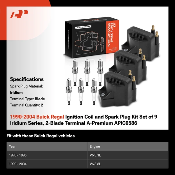 1990-2004 Buick Regal Ignition Coil and Spark Plug Kit Set of 9 Iridium Series, 2-Blade Terminal A-Premium APIC0586
